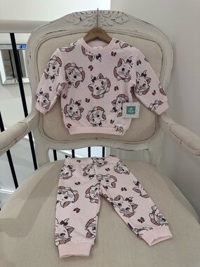 🎀 6~12 Mth Disney Marie Pink Cat & Bow Print Baby Sweatsuit NWT